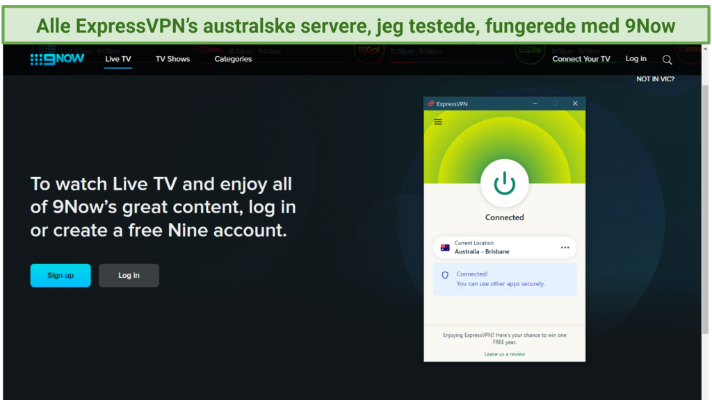 A screenshot of the 9Now homepage with ExpressVPN connected to an Australian server