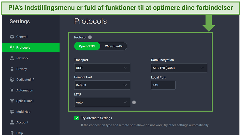 Screenshot viser PIAs tilpasselige protokolindstillinger