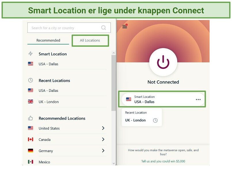 Screenshot af ExpressVPN-appen, der viser, hvor du finder Smart Location og serverlisten