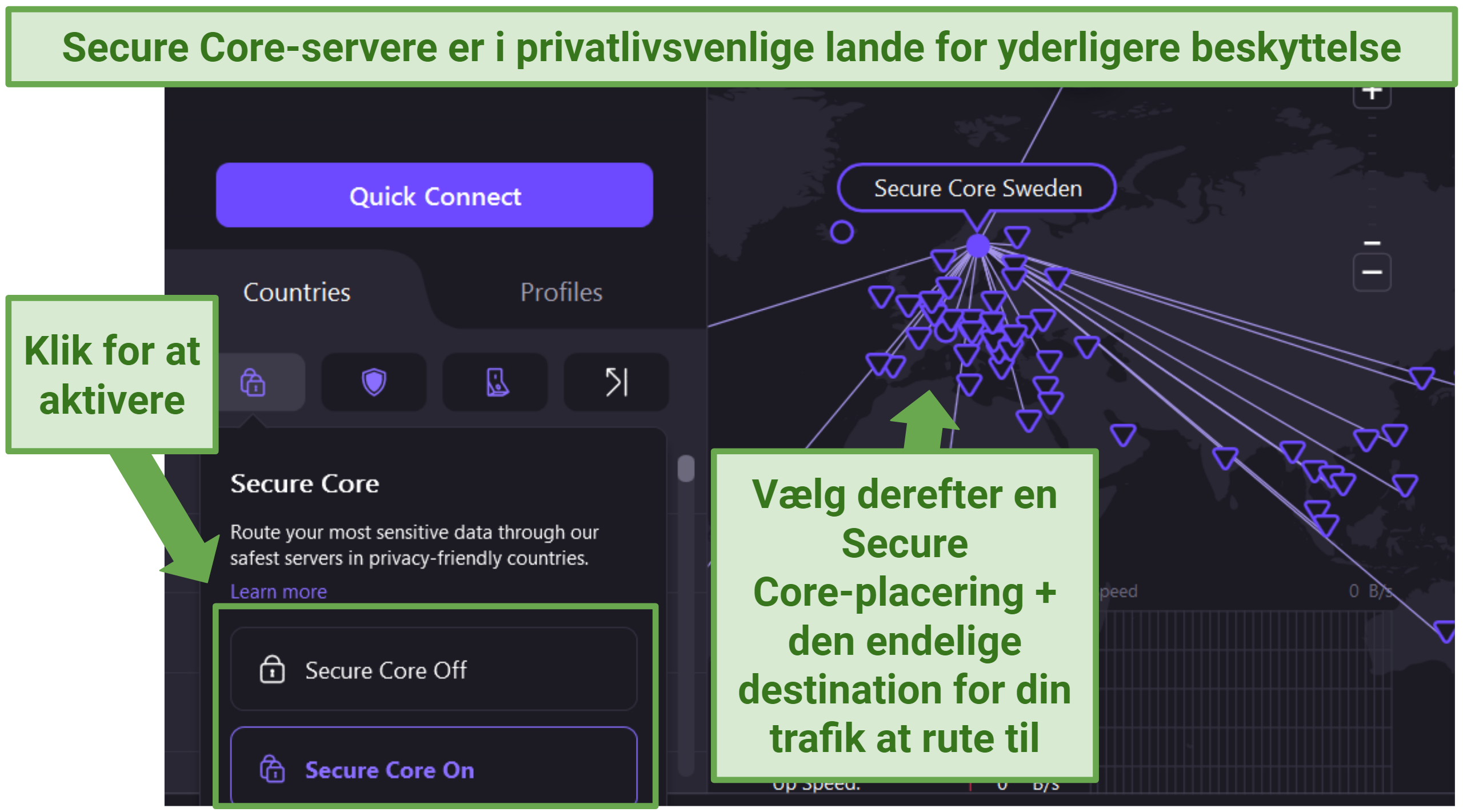 ProtonVPN's Windows app displaying Secure Core locations from Sweden