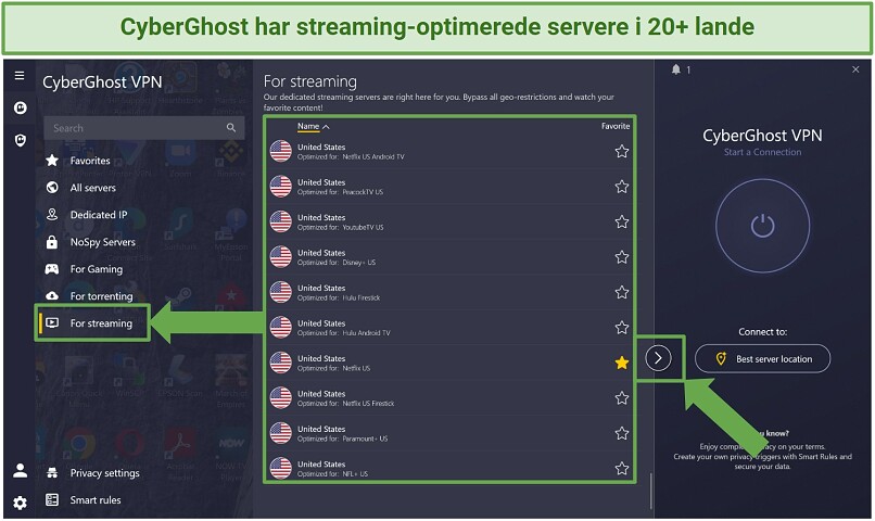Screenshot of CyberGhost's optimized streaming servers in the Windows app