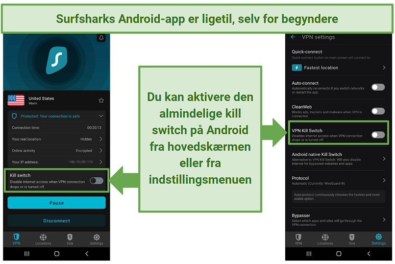 A screenshot of Surfshark's Android app showing the kill switch option on the main screen and in the Settings menu
