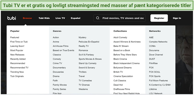 Et skærmbillede af Tubi TV's hjemmeside, der viser de indholdsgenrer og samlinger, du kan gennemse på dens Browse-fane