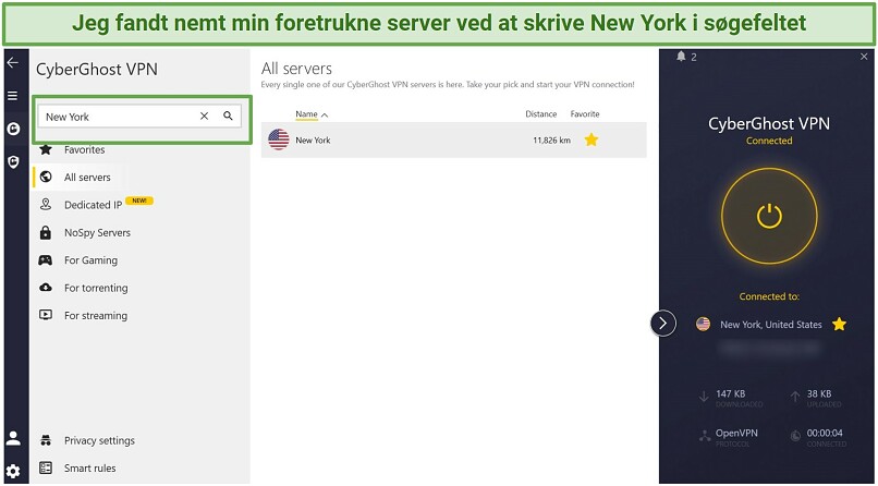Et skærmbillede af CyberGhosts brugerflade uden rod, forbundet til en server i New York