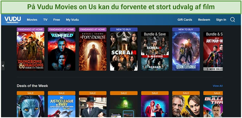 Skærmbillede af Vudu Movies on Us' startskærmsdashboard