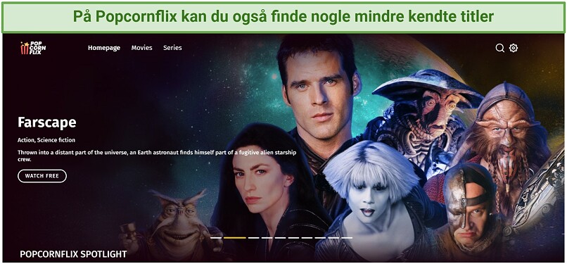 Skærmbilleder af Popcorn Flix hjemmeside som viser Farscape filmen
