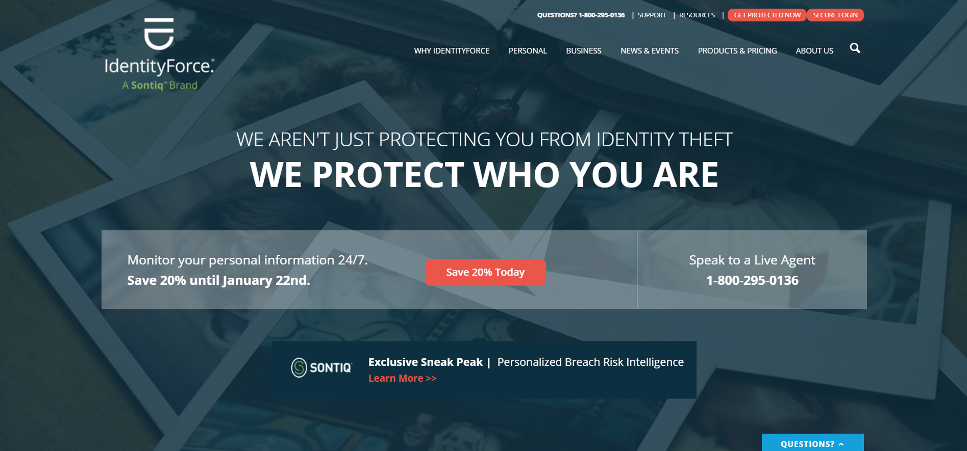 A screenshot of the IdentityForce website homepage.