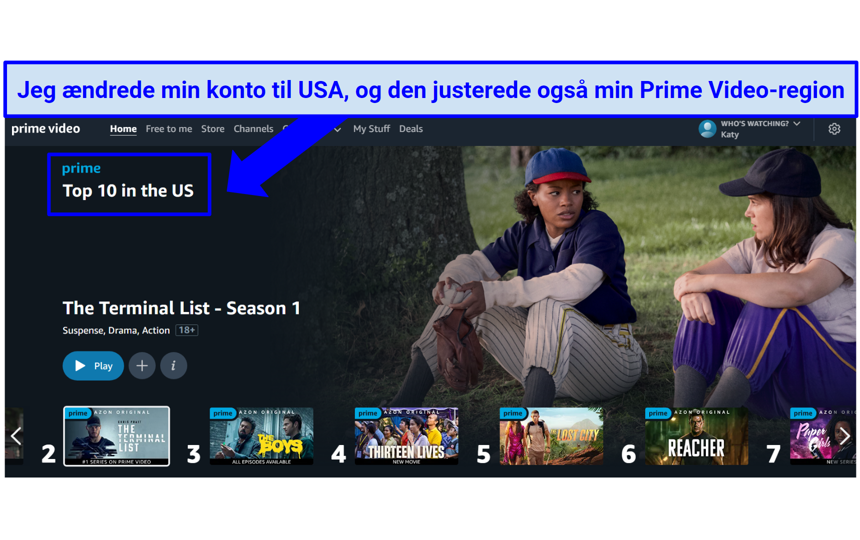 The US Prime Video library, displaying Top 10 titles in the US