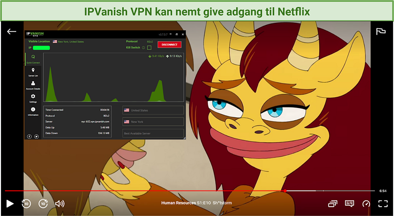 Screenshot af Netflix-afspiller, der streamer Human Resources, der er låst op med IPVanish VPN