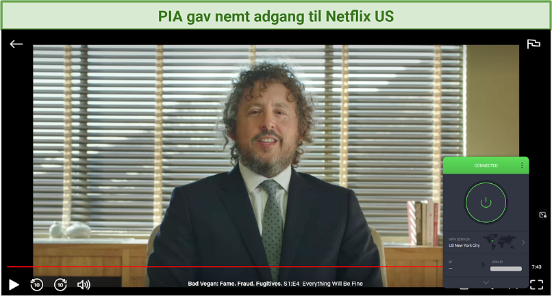 Screenshot af Netflix-afspiller, der streamer Bad Vegan: Fame. Fraud. Fugitives. afblokeret med Private Internet Access