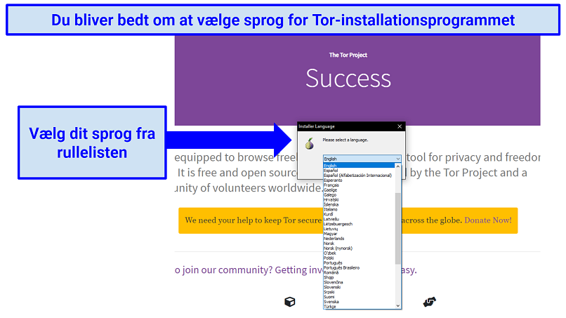 The Tor website prompting a selection of language for the installer tool, with a drop-down list to select from