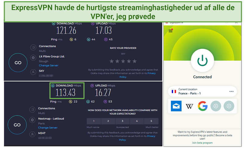 Screenshot showing ExpressVPN's speed test results while connected to the Paris server