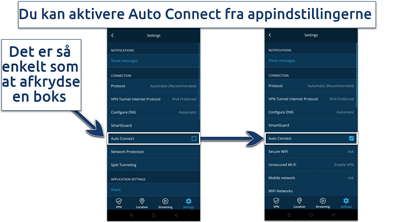 Skærmbillede der viser, hvordan man aktiverer Auto Connection på hide.me's Android-app