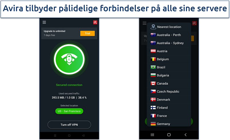 Skærmbillede af Avira Phantom VPN serverliste