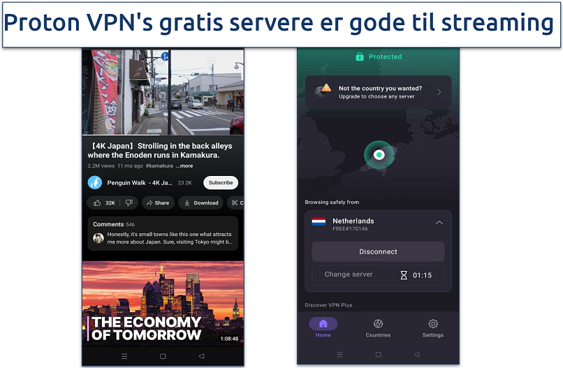 En YouTube-video streamer på Android med Proton VPN forbundet