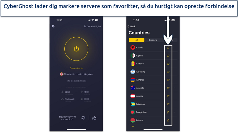 Skærmbillede af CyberGhost' iOS-app, der viser appens startside og serverliste