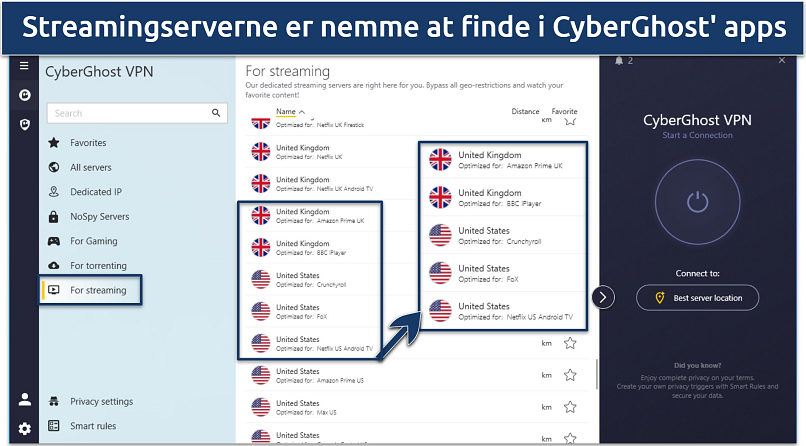 Skærmbillede af CyberGhost' Windows-app, der viser dedikerede streamingservere