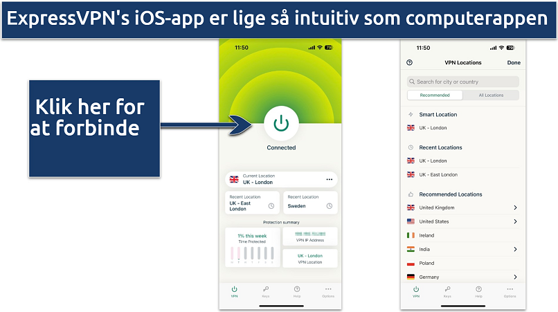 Skærmbilleder af ExpressVPN's iOS-app, der viser brugerfladen og servicelisten