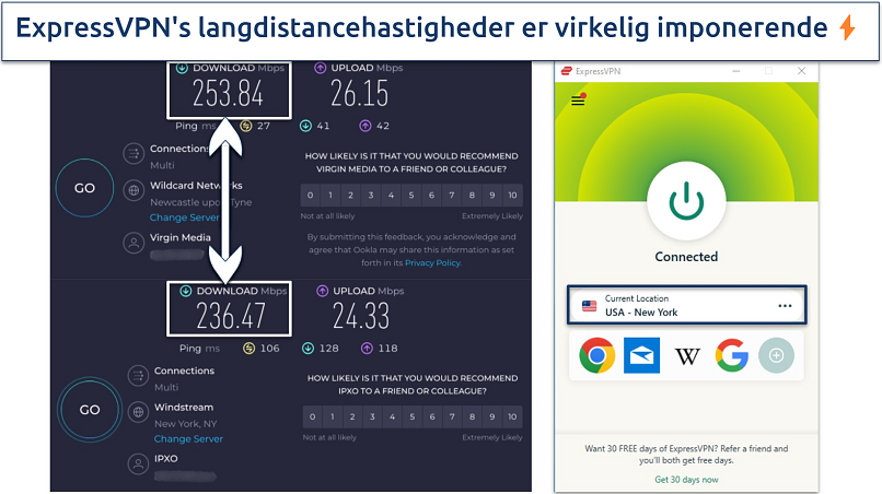 Screenshot of ExpressVPN-hastighedstestresultater på langdistanceservere i New York, USA