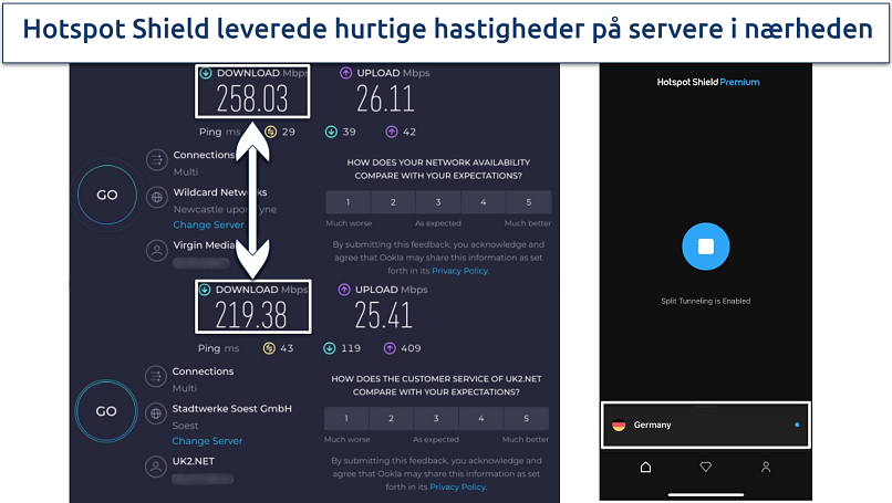 Skærmbillede af Hotspot Shields hastighedstestresultater på lokale servere