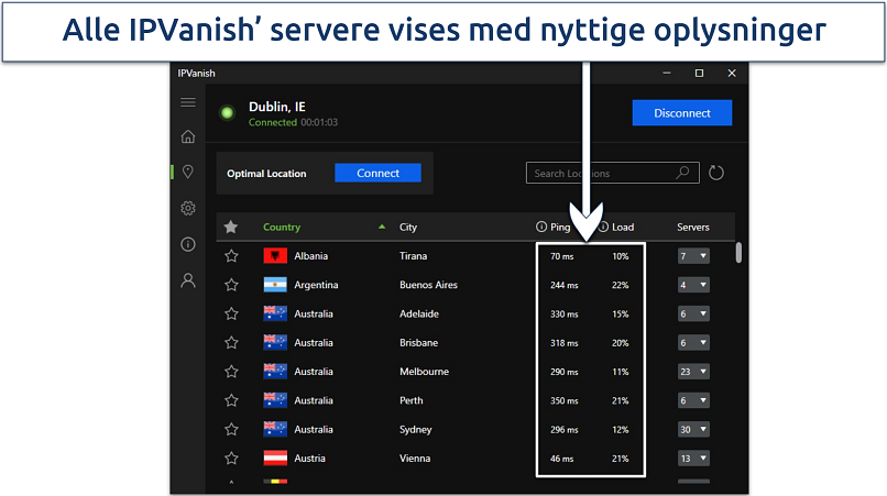 Skærmbillede af IPVanishs Windows-app, der fremhæver serverlisten