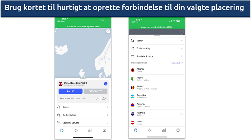 Skærmbillede af NordVPN's iOS-app, der viser forbindelsen og serverlisten