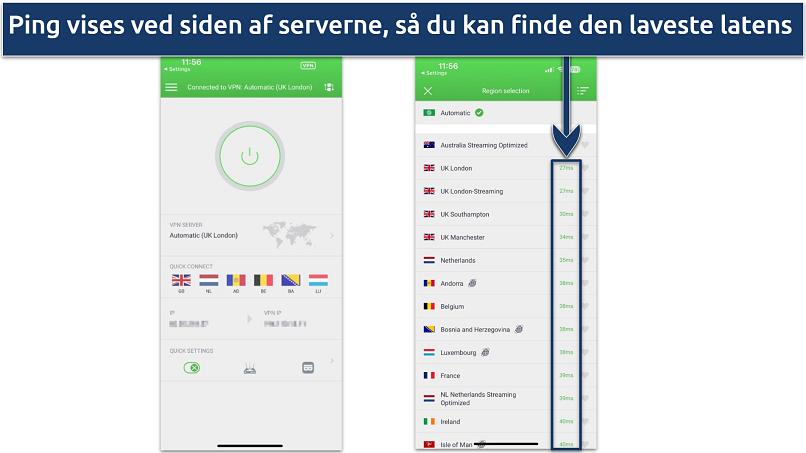 Skærmbillede af PIA's iOS-app, der viser startsiden og serverlisten