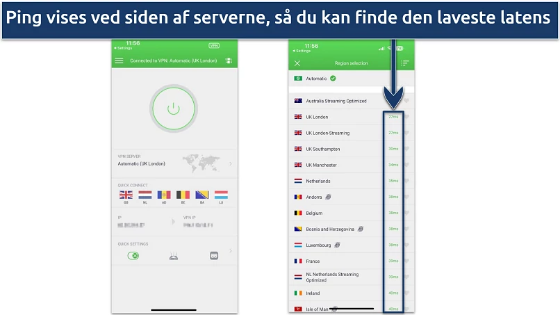 Skærmbillede af PIA's iOS-app, der viser startsiden og serverlisten