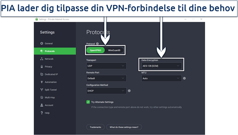 Skærmbillede af PIA's Windows-app, der fremhæver protokol- og krypteringsmulighederne