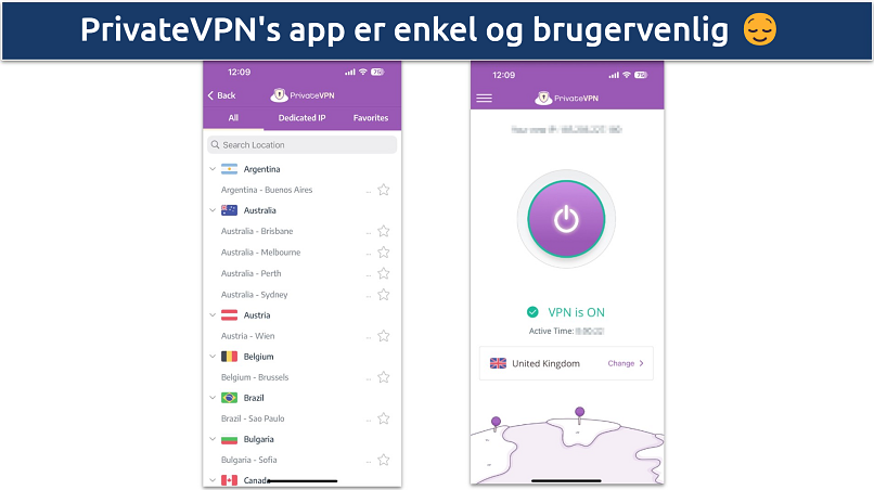 Skærmbillede af PrivateVPN's iOS-app, der viser den enkle startside og server lsit