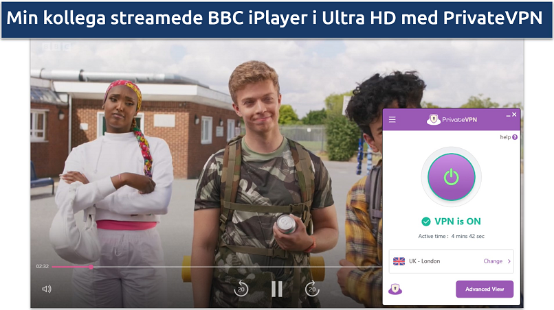 Skærmbillede af PrivateVPN-streaming af BBC iPlayer med britisk London-server