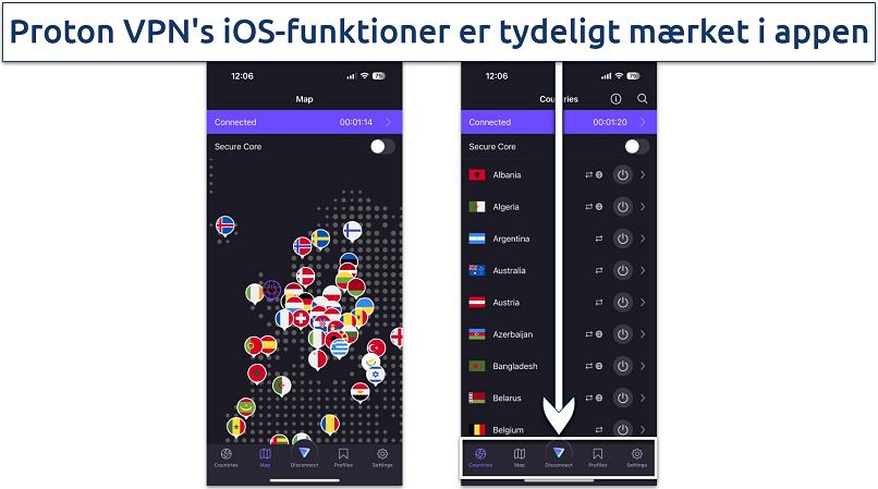 Skærmbillede af Proton VPN's iOS-app, der viser serverkort og serverliste