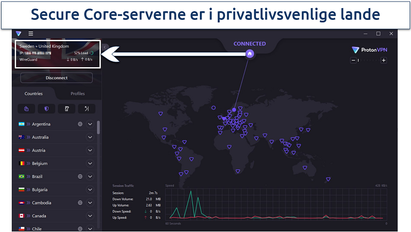 Skærmbillede af ProtonVPN Windows-appen, der viser Secure Core VPN-forbindelse