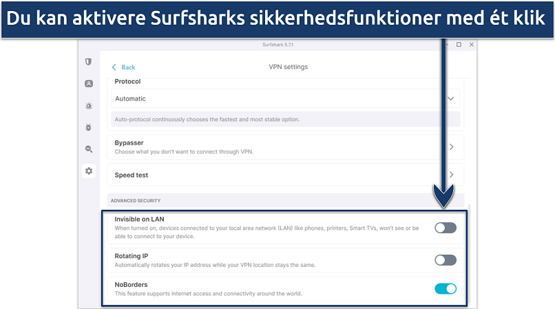 Skærmbillede af Surfsharks Windows-app, der fremhæver avancerede sikkerhedsfunktioner