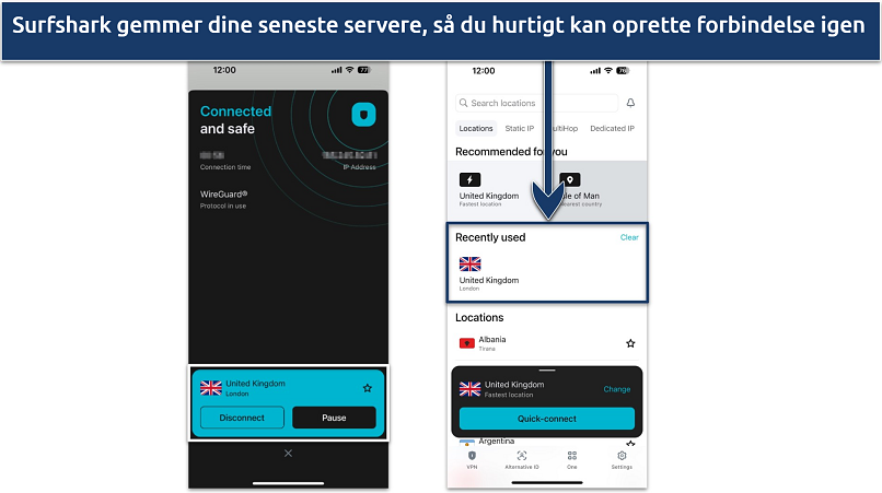 Skærmbillede af Surfsharks iOS-app, der viser forbindelsessiden og serverlisten