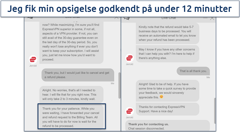 Screenshot of a conversation with ExpressVPN customer support where they approved our cancellation and refund