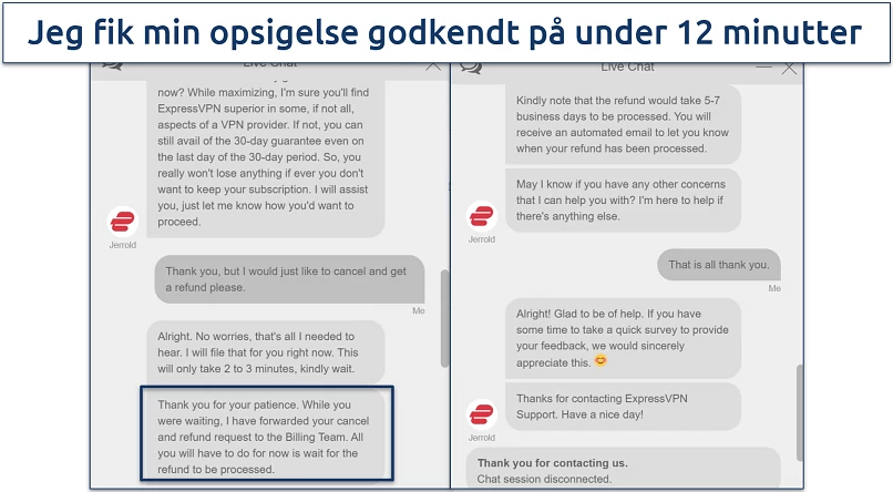 Screenshot of a conversation with ExpressVPN customer support where they approved our cancellation and refund