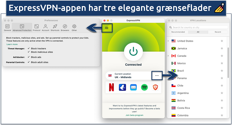 Screenshot showing the 3 interfaces of the ExpressVPN app