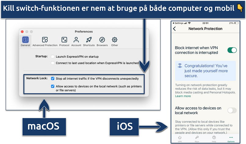 Screenshot showing how to activate the kill switch on ExpressVPN's desktop and mobile apps