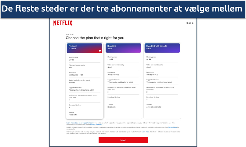 Skærmbillede af de tre abonnementer, der er tilgængelige med Netflix UK