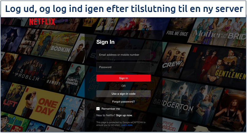 Skærmbillede af Netflix' loginside