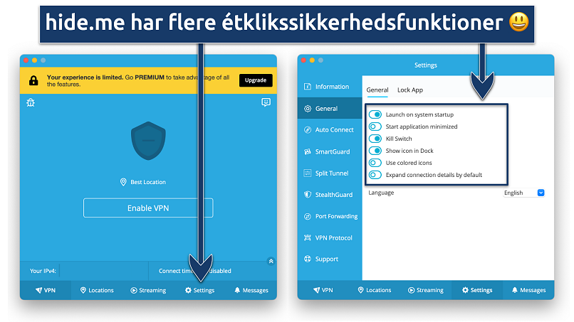 Screenshot showing the hide.me app and Settings panel