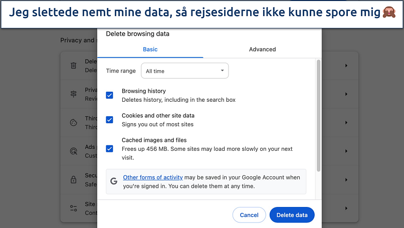 Skærmbillede af, hvordan du sletter din browserhistorik i Chrome