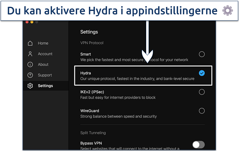 Skærmbillede, der viser, hvordan du aktiverer Hotspot Shields Hydra-protokol