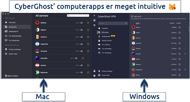 Screenshot of CyberGhost's desktop apps