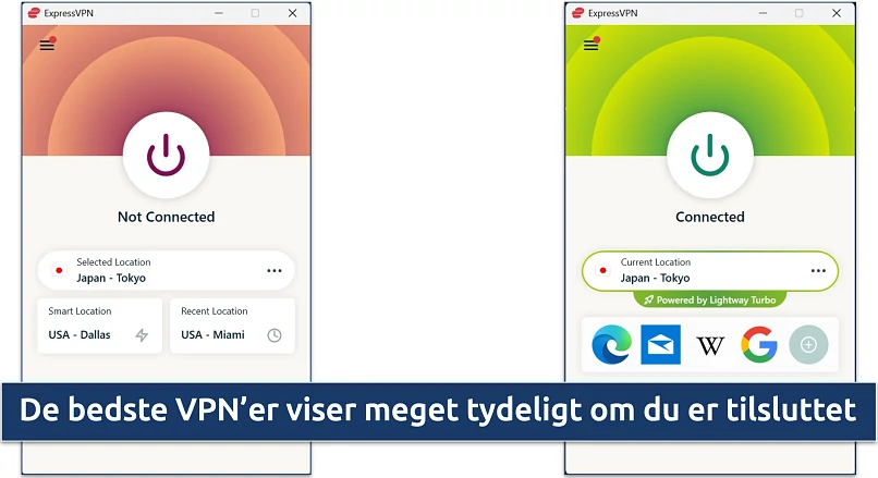 Screenshot of ExpressVPN's Windows app showing the VPN disconnected and connected to the Japan Tokyo server 