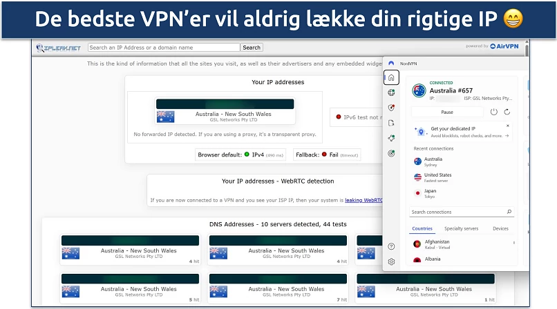 Screenshot of NordVPN's Windows app connected to the Australia Sydney server while leak tests are performed on ipleak.net