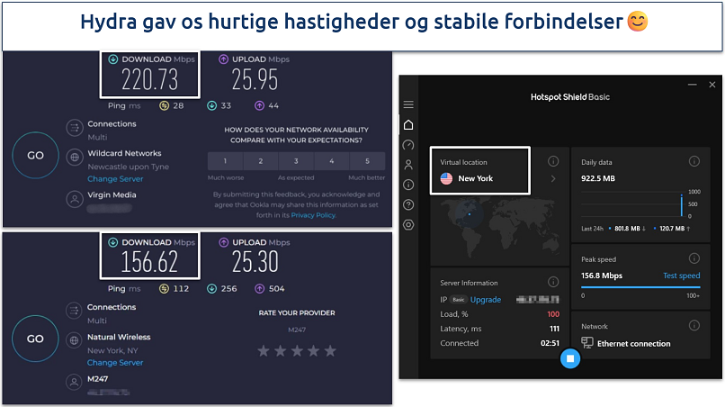 Screenshot of Hotspot Shield's speed test results