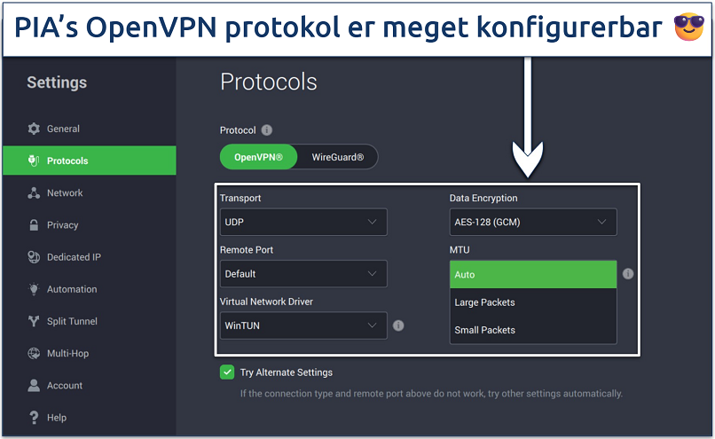Screenshot of PIA's protocol settings page with its OpenVPN customization options