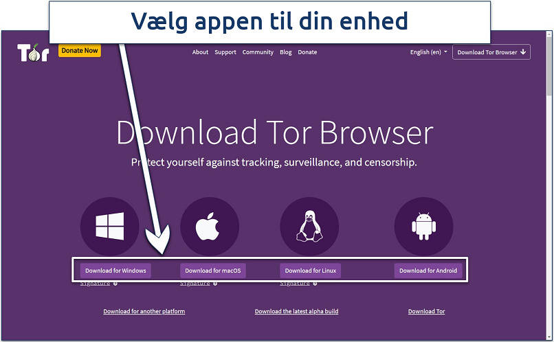 Screenshots of the Tor Browser download page on the website